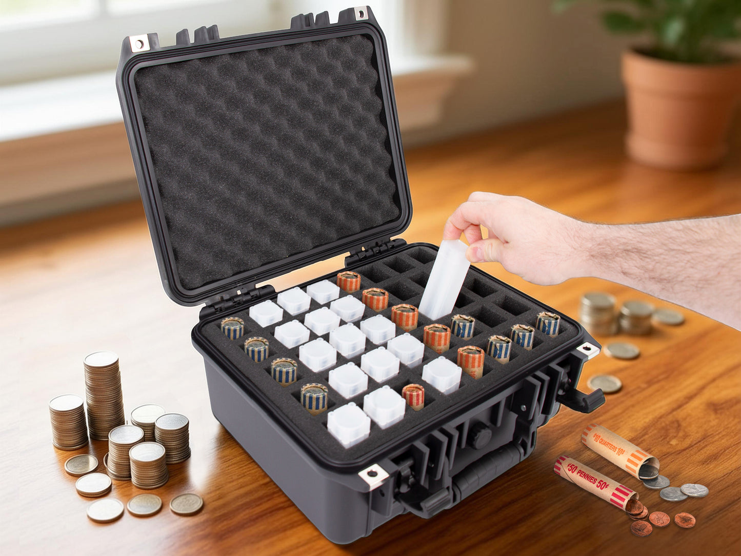 13" Coin Tube Case – Waterproof Coin Storage Organizer Holds 40 Penny, Nickel, Dime & Quarter Coin Rolls or Customize for Half Dollar or Silver Eagle