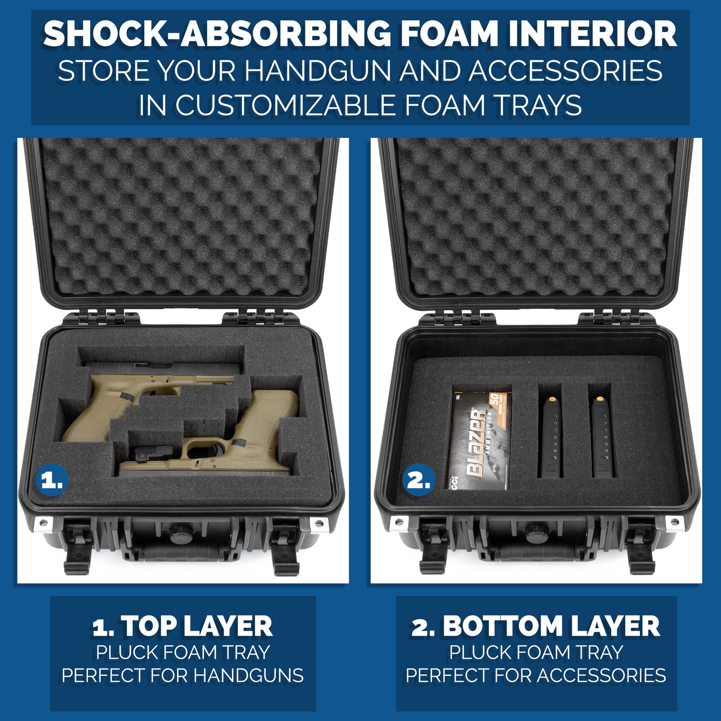 13" Waterproof 2 Handgun Case - Hard Shell Dual Pistol Case with Customizable Foam & Padlock Rings - 10.5x8x4 Interior