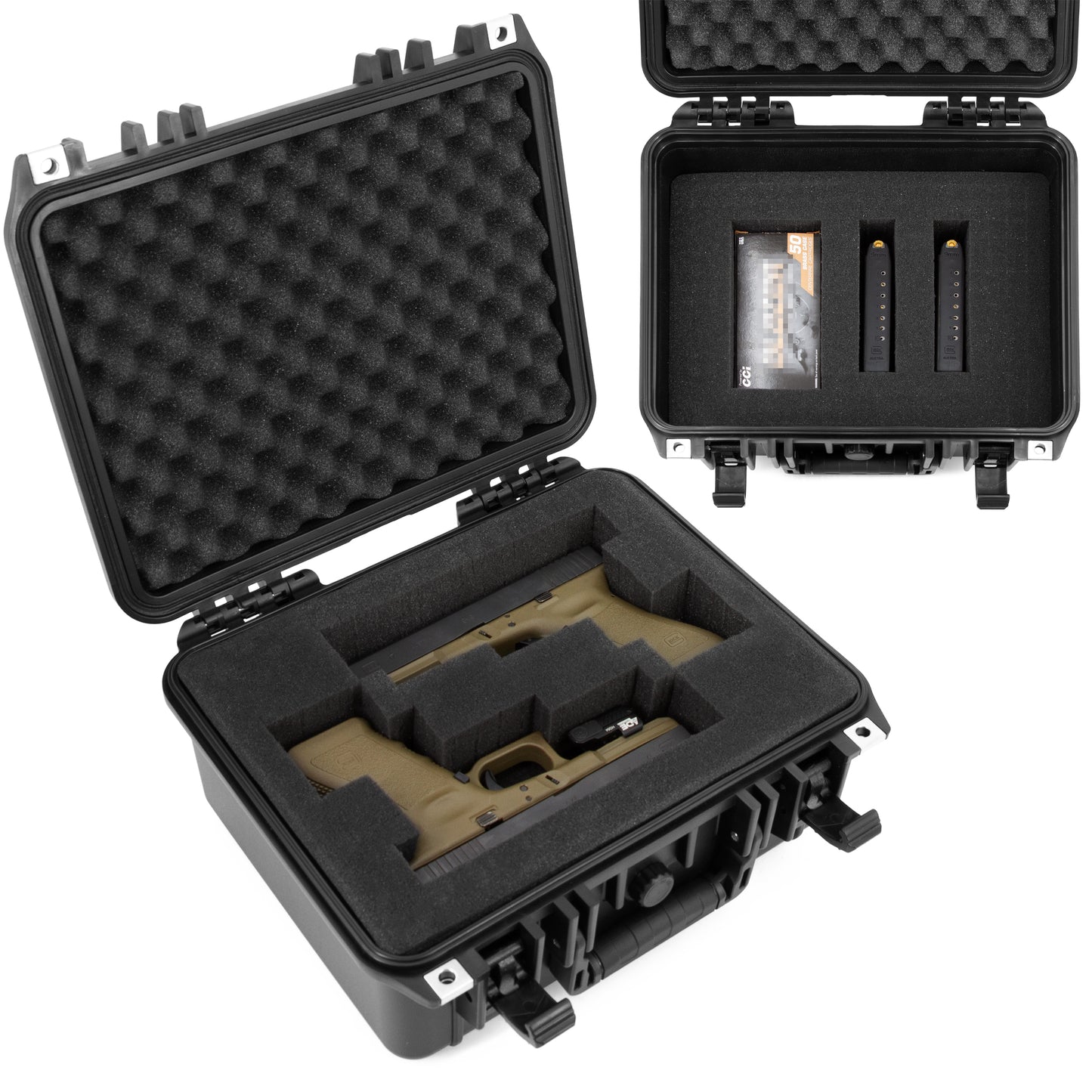 13" Waterproof 2 Handgun Case - Hard Shell Dual Pistol Case with Customizable Foam & Padlock Rings - 10.5x8x4 Interior