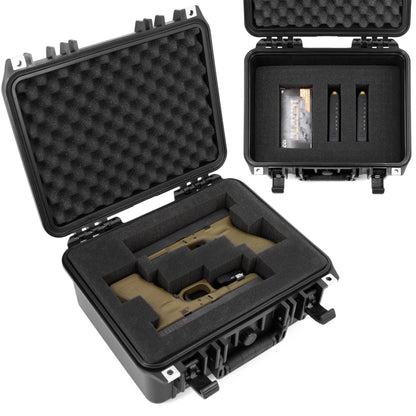 13" Waterproof 2 Handgun Case - Hard Shell Dual Pistol Case with Customizable Foam & Padlock Rings - 10.5x8x4 Interior