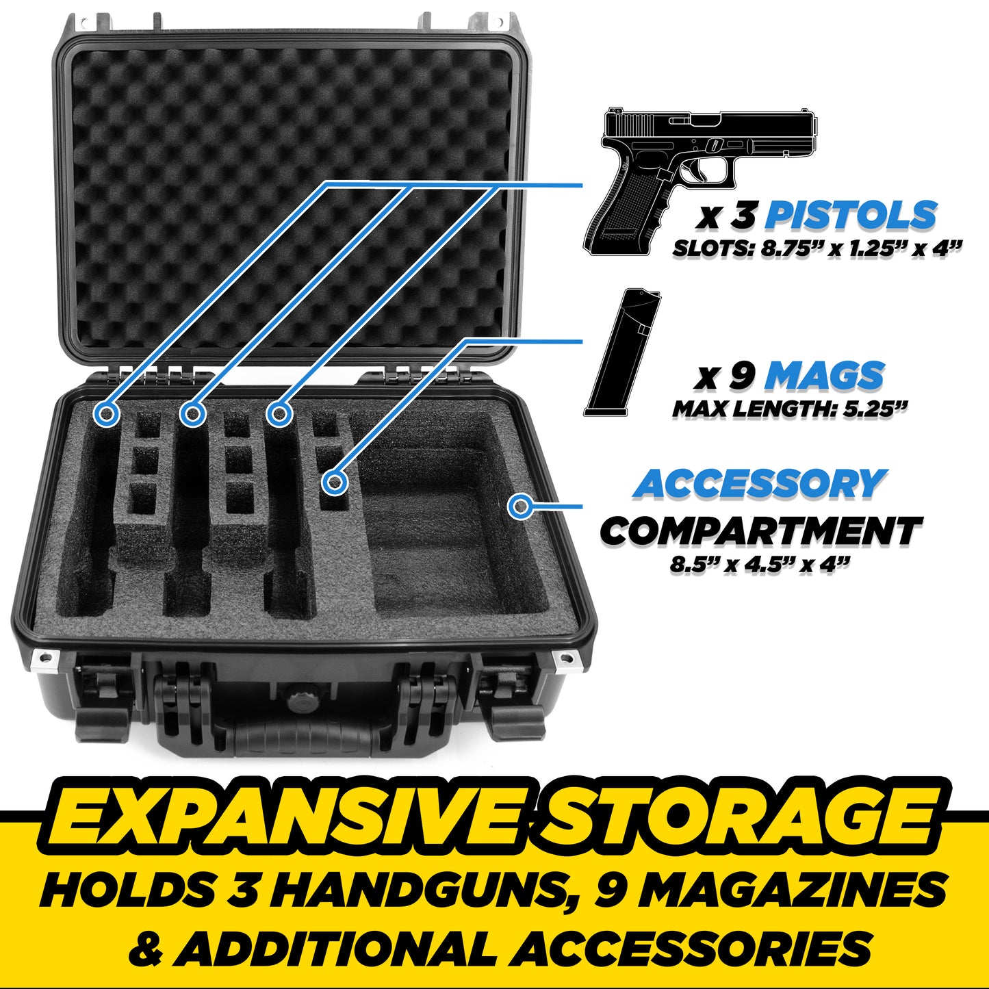 TSA Approved 3 Pistol Case - 16" IPX7 Waterproof Handgun Case for 3 Handguns & 9 Magazines with Accessory Storage & Hard Shell