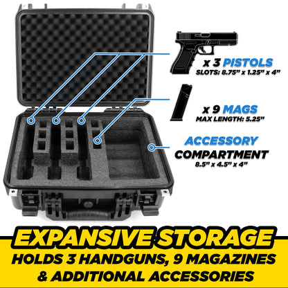 TSA Approved 3 Pistol Case - 16" IPX7 Waterproof Handgun Case for 3 Handguns & 9 Magazines with Accessory Storage & Hard Shell