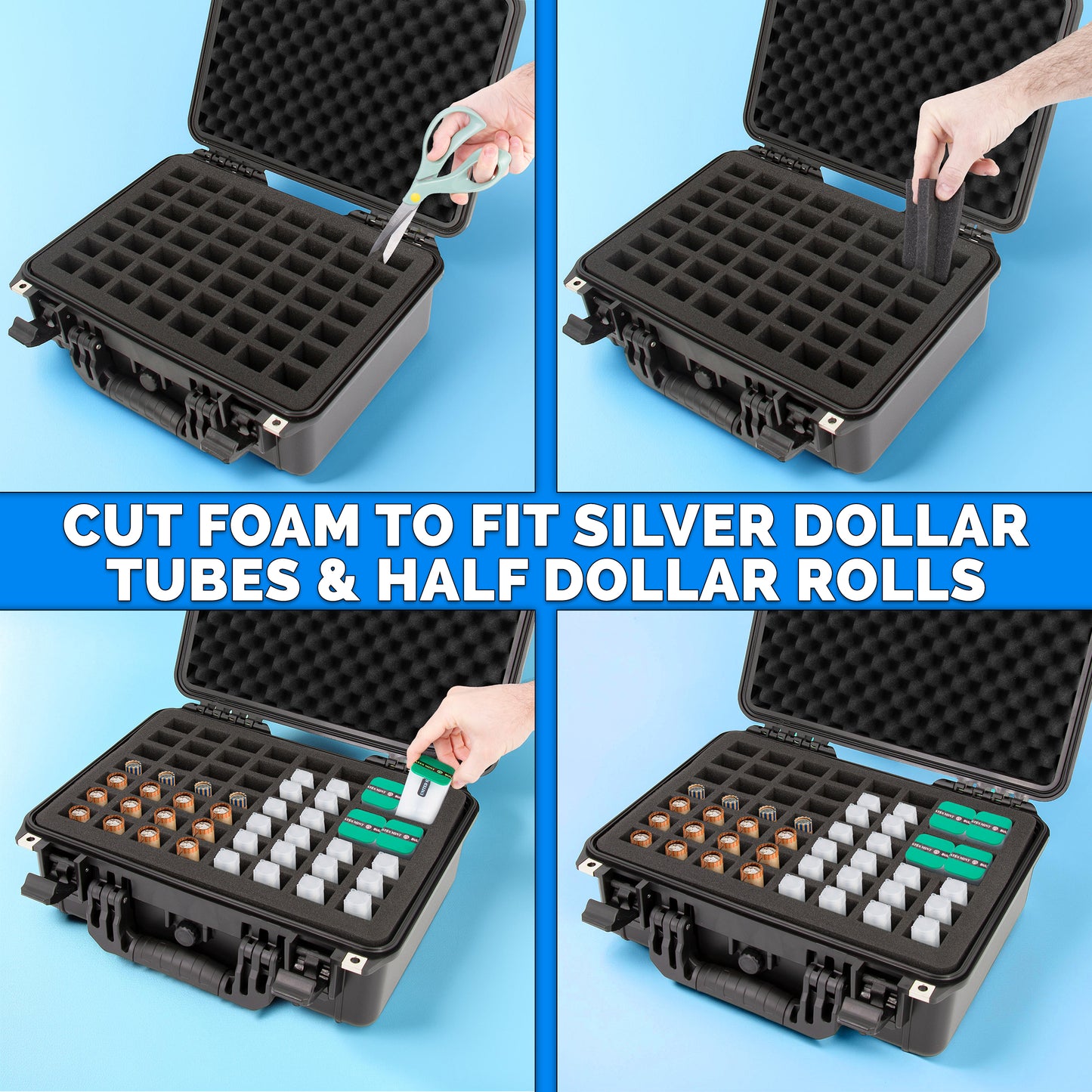 16" Coin Tube Case – Waterproof Coin Storage Organizer Holds 56 Penny, Nickel, Dime & Quarter Coin Rolls or Customize for Half Dollar or Silver Eagle