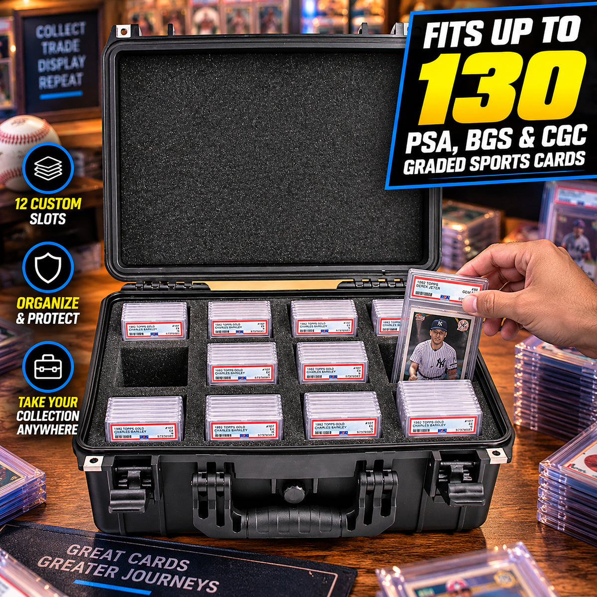 Graded Card Case Compatible with 130 PSA Graded Sports Trading Cards, Waterproof Graded Slab Trading Card Box with 12 Cut Storage Dividers