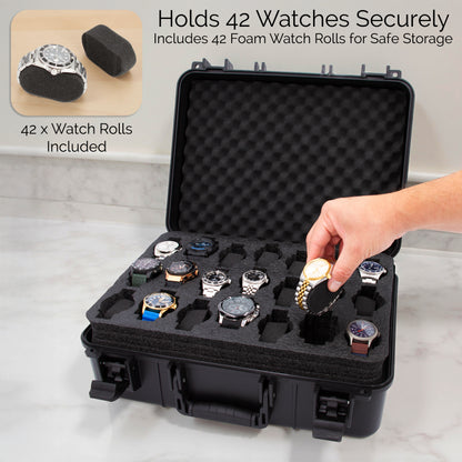 42-Slot Watch Travel Case – Impact-Resistant Shell, Foam Interior, Dual Display Trays for Watches 24mm–56mm, Secure Latches, Carry Handle