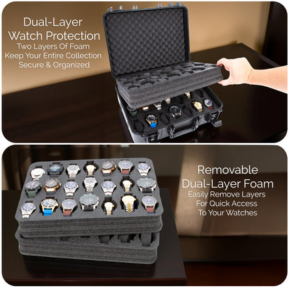 42-Slot Watch Travel Case – Impact-Resistant Shell, Foam Interior, Dual Display Trays for Watches 24mm–56mm, Secure Latches, Carry Handle