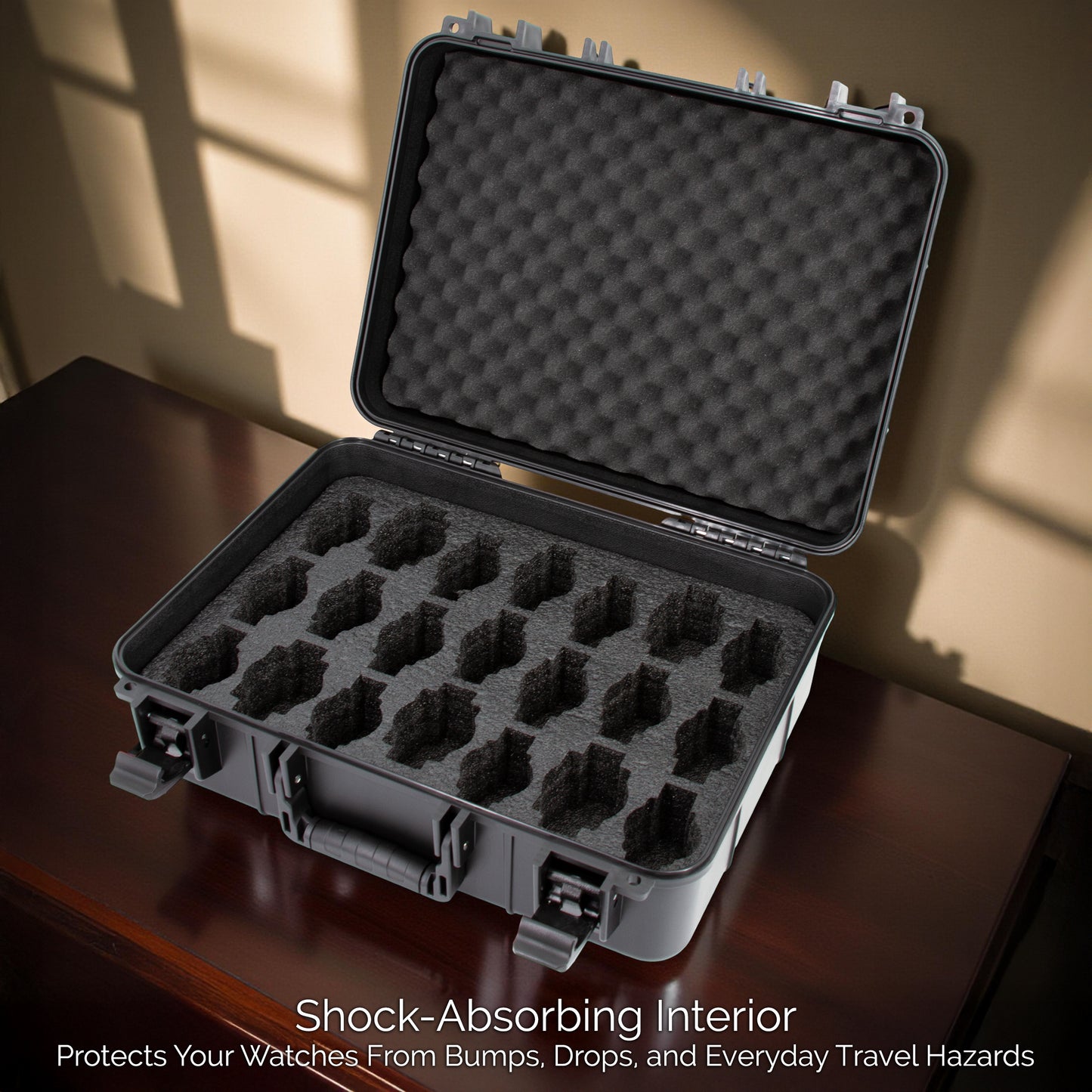 42-Slot Watch Travel Case – Impact-Resistant Shell, Foam Interior, Dual Display Trays for Watches 24mm–56mm, Secure Latches, Carry Handle
