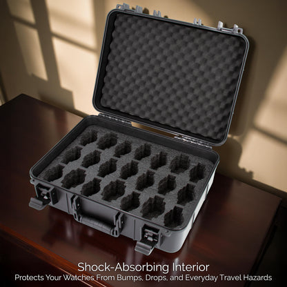 42-Slot Watch Travel Case – Impact-Resistant Shell, Foam Interior, Dual Display Trays for Watches 24mm–56mm, Secure Latches, Carry Handle