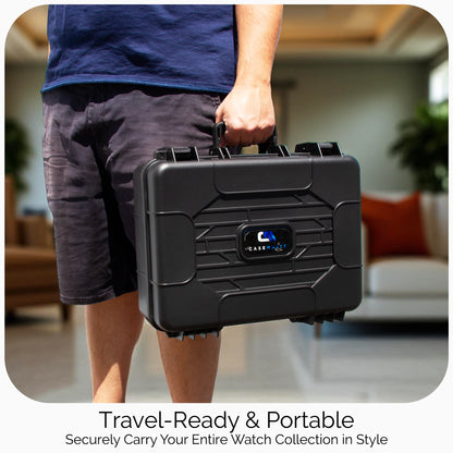 42-Slot Watch Travel Case – Impact-Resistant Shell, Foam Interior, Dual Display Trays for Watches 24mm–56mm, Secure Latches, Carry Handle