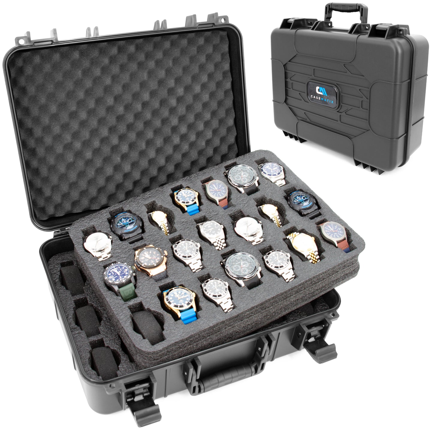 42-Slot Watch Travel Case – Impact-Resistant Shell, Foam Interior, Dual Display Trays for Watches 24mm–56mm, Secure Latches, Carry Handle
