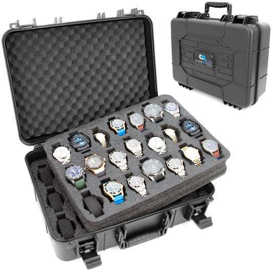 42-Slot Watch Travel Case – Impact-Resistant Shell, Foam Interior, Dual Display Trays for Watches 24mm–56mm, Secure Latches, Carry Handle