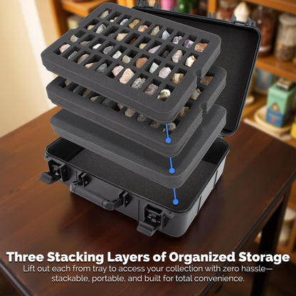 CASEMATIX Hard Shell Crystal Storage Case with 80 Slot Foam, Customizable Layer for Large Gems, Minerals, Geodes, Specimens & Healing Tool Organizer