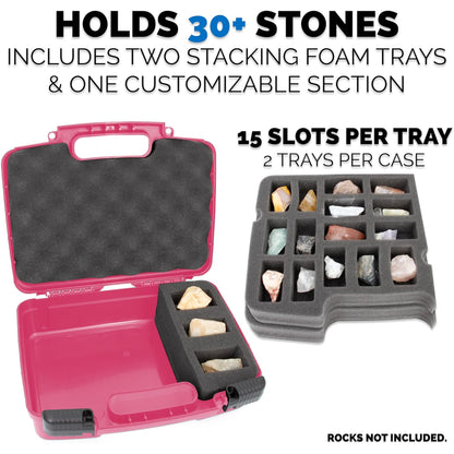 Rock Collection Travel Case - 30 Slot Rock Collection Box with Two Pre-Cut Foam Trays, Protective Crystal Storage Travel Case with Customizable Foam Section!