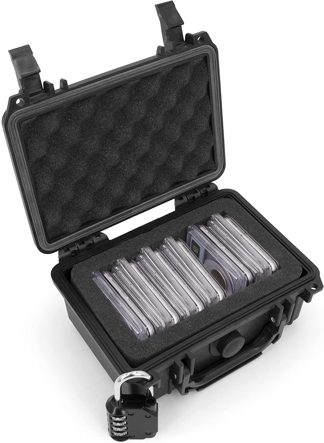 Graded Coin Case Compatible with 15+ PCGS or NGC Coin Slabs, Waterproof Coin Storage Box with Customizable Foam, Includes Padlock