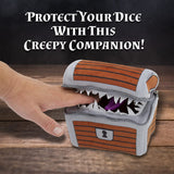 CASEMATIX Mimic Dice Chest and Dice Jail with 7 Included RPG Dice - 6.5" Plush Mimic Chest Dice Bag with Zipper Closure and Carabiner for 150 Dice