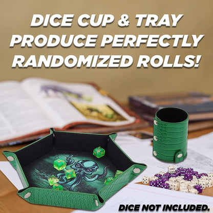 Folding Dice Rolling Tray and Professional Dice Cup Shaker Set - Portable DND Dice Tray and Felt Cup Dice Shaker with PU Leather Materials