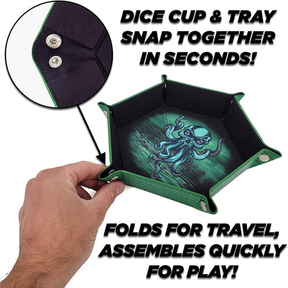 Folding Dice Rolling Tray and Professional Dice Cup Shaker Set - Portable DND Dice Tray and Felt Cup Dice Shaker with PU Leather Materials