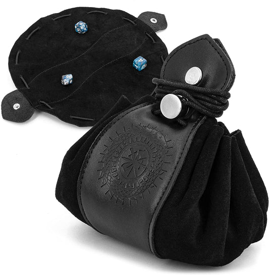 Leather Dice Bag and Dice Rolling Tray for 50+ RPG Dice - Black DND Dice Bag Leather Drawstring Pouch with Non-Scratch Fabrics
