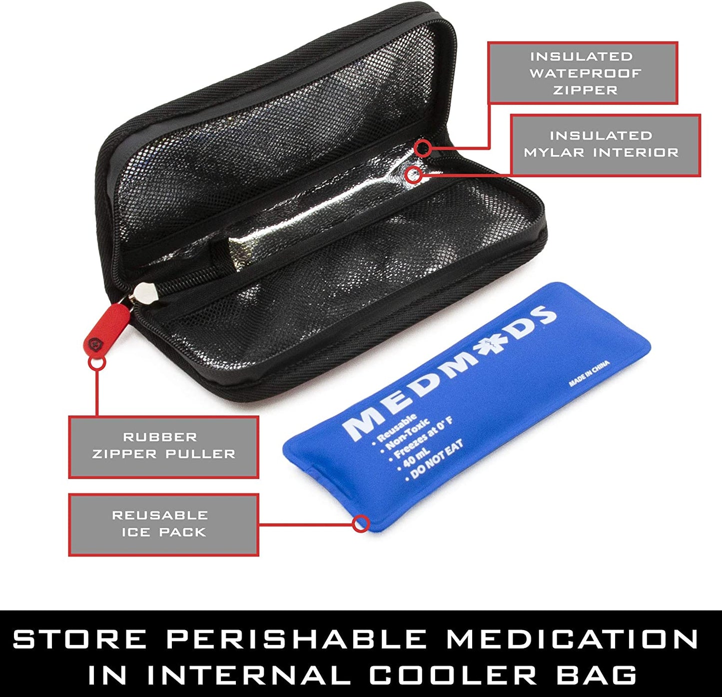 Hard Shell Insulin Cooler Travel Case and Insulated Diabetes Bag with Ice Pack, ID Card, Medical Alert Tag & Shoulder Strap