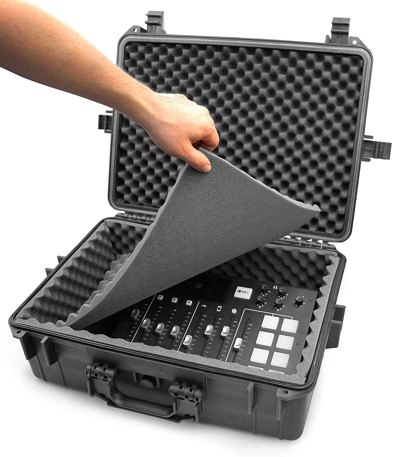 Waterproof Hard Shell Travel Case Compatible with Yamaha MG12XU Mixer within Multi-Layer Foam Protection - Fits Mixers Up to 17x12.1x5 Max