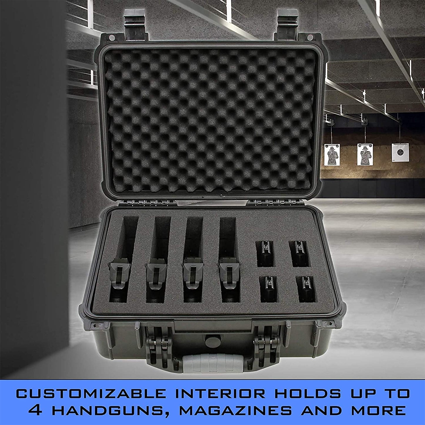16" Customizable 4 Handgun Multiple Pistol Case - Waterproof & Shockproof Hard Gun Cases for Pistols and Magazines with Two Layers of 2" Foam