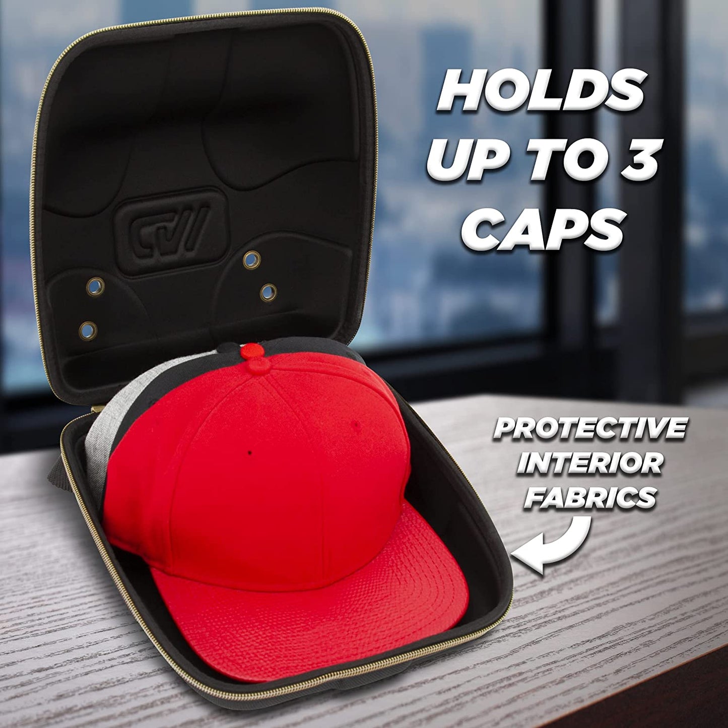Hat Travel Case for up to 4 Baseball Caps with a Hard Shell, Travel Carabiner and Handle - Portable Hat Case Carrier for Hats Storage