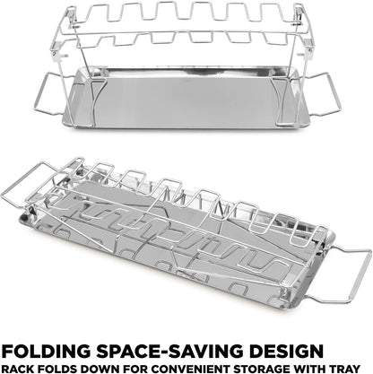 Chicken Leg Rack and Chicken Wings Grill Rack with 14 Slots, Drip Tray and Basting Brush - Stainless Steel Non-Stick Chicken Drumstick Rack
