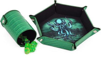 Folding Dice Rolling Tray and Professional Dice Cup Shaker Set - Portable DND Dice Tray and Felt Cup Dice Shaker with PU Leather Materials
