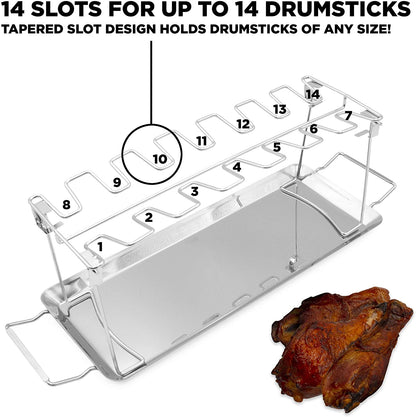 Chicken Leg Rack and Chicken Wings Grill Rack with 14 Slots, Drip Tray and Basting Brush - Stainless Steel Non-Stick Chicken Drumstick Rack