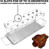 CASEMATIX Chicken Leg Rack and Chicken Wings Grill Rack with 14 Slots, Drip Tray and Basting Brush - Stainless Steel Non-Stick Chicken Drumstick Rack