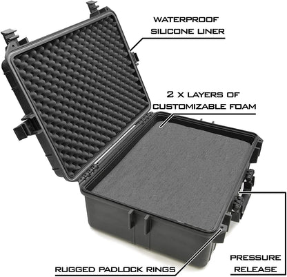 23" Handgun Range Case fits 7 Pistols - Waterproof Hard Shell Exterior with Dual 2" Customizable Foam Layers & Padlock Rings