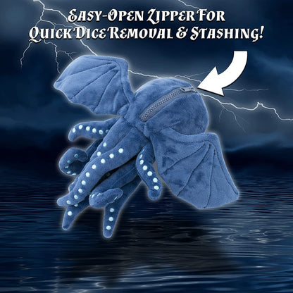 Soft Dice Case and Dice Holder with 7 Included RPG Dice - 9.5" Sea Monster Figure with Dice Storage Zipper Compartment for up to 21 Dice