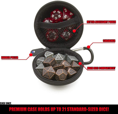 Ultra-Compact Dice Case for 21 RPG Dice - Non-Scratch Interior with Metal Carabiner & Netted Accessory Pouch for Tabletop Dice Games