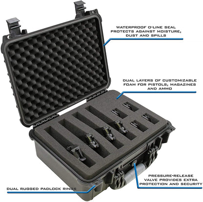16" Customizable 4 Handgun Multiple Pistol Case - Waterproof & Shockproof Hard Gun Cases for Pistols and Magazines with Two Layers of 2" Foam