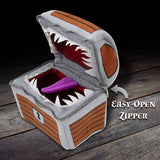 CASEMATIX Mimic Dice Chest and Dice Jail with 7 Included RPG Dice - 6.5" Plush Mimic Chest Dice Bag with Zipper Closure and Carabiner for 150 Dice