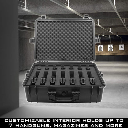 23" Handgun Range Case fits 7 Pistols - Waterproof Hard Shell Exterior with Dual 2" Customizable Foam Layers & Padlock Rings