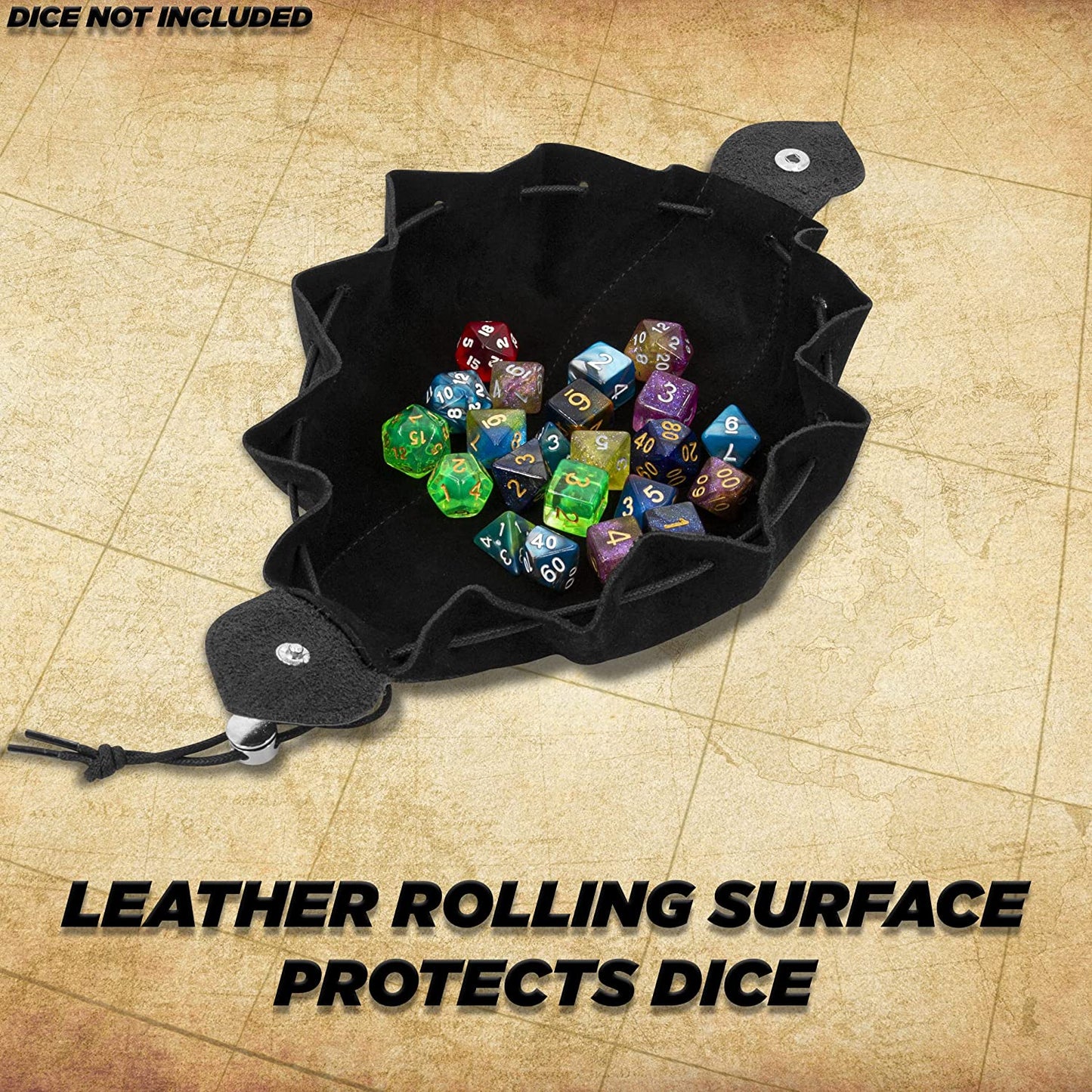 Leather Dice Bag and Dice Rolling Tray for 50+ RPG Dice - Black DND Dice Bag Leather Drawstring Pouch with Non-Scratch Fabrics