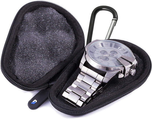 Watch Travel Case for up to 56MM Watches - Hard Shell Exterior, Cushion Foam Interior, Reinforced Zippers & Metal Carabiner - Watch Box Only