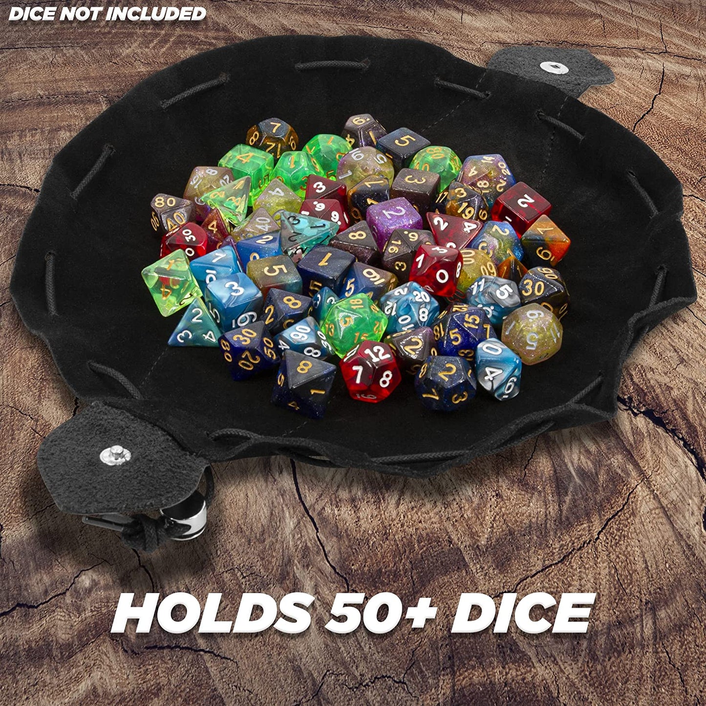 Leather Dice Bag and Dice Rolling Tray for 50+ RPG Dice - Black DND Dice Bag Leather Drawstring Pouch with Non-Scratch Fabrics