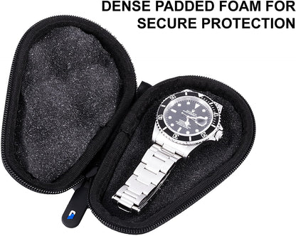 Watch Travel Case for up to 56MM Watches - Hard Shell Exterior, Cushion Foam Interior, Reinforced Zippers & Metal Carabiner - Watch Box Only