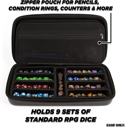 Dice Box and Card Case for 9 Sets of RPG Dice, Spell Cards, Counters and Other Accessories - Dice Holder with Embossed Dragon Design